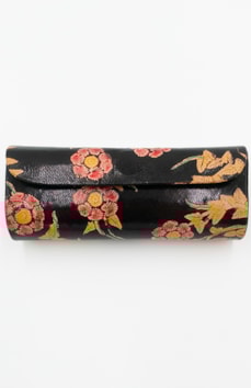 Leren brillenkoker, zwart met gekleurde bloemen